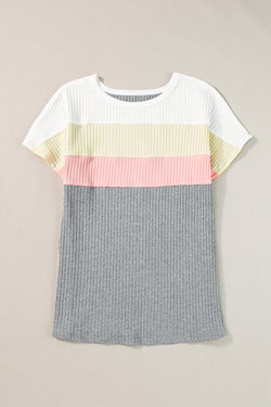 T-shirt gris côtelé en patchwork color block *