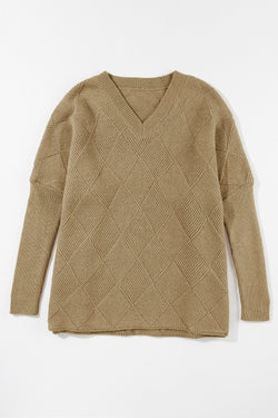 Camel Batwing Sleeve Checkered Textured Sweater