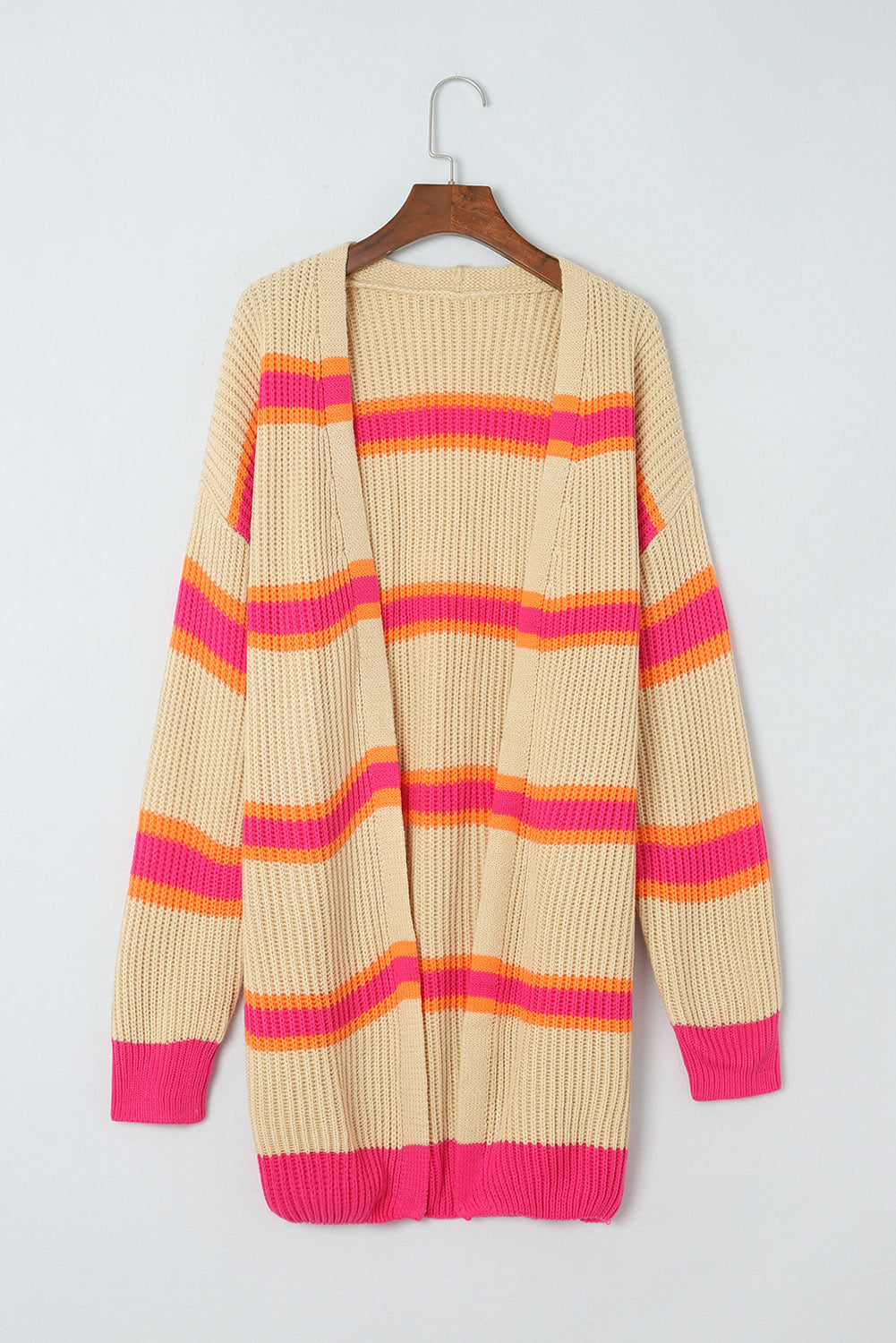 Stripe Printed Ribbed Long Knitted Cardigan