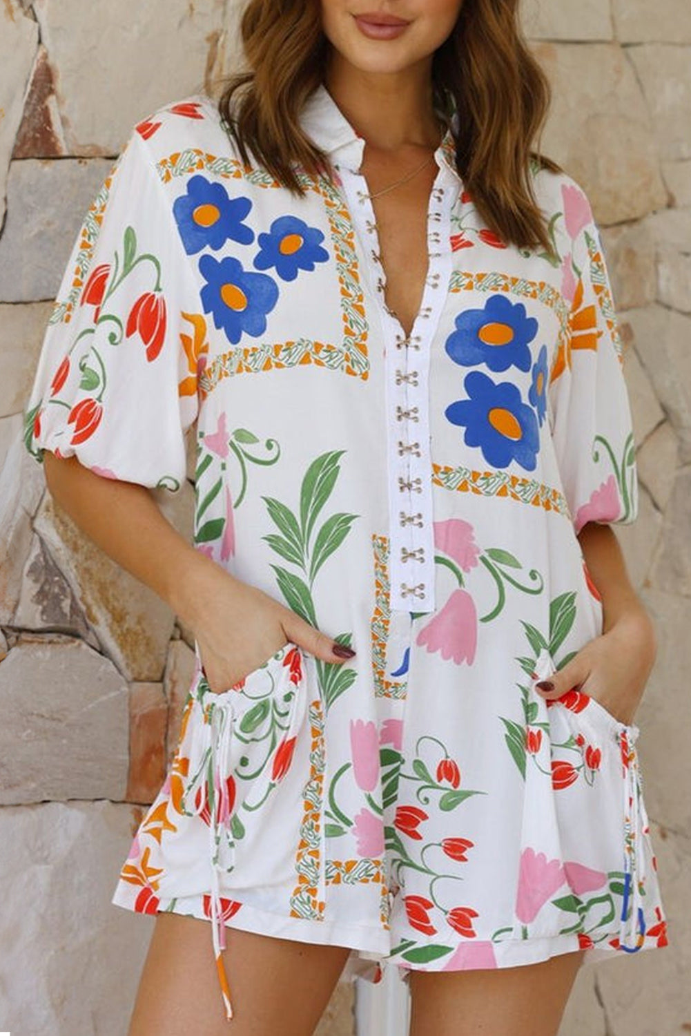 White Shirt Collar Romper with Pockets and Floral Print Split Collar