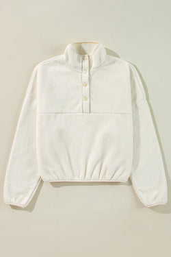 White Sweatshirt with drooping shoulder and folded collar with fleece buttoning leg