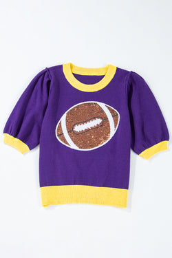 Short sleeve sweater with rugby purple sequins rugby colored blocks