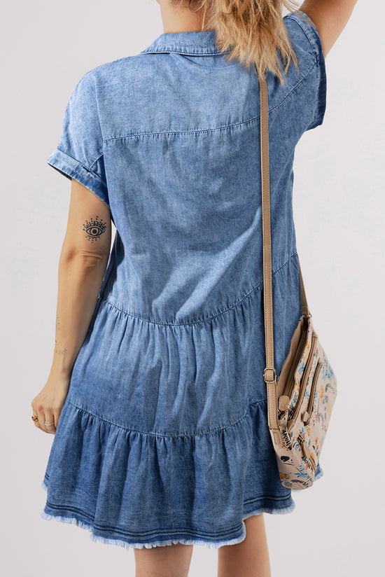 Denim dress with several levels and faded V -collar with sky blue acid