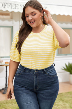 Yellow sweater with stripes and short puffy sleeves, large size