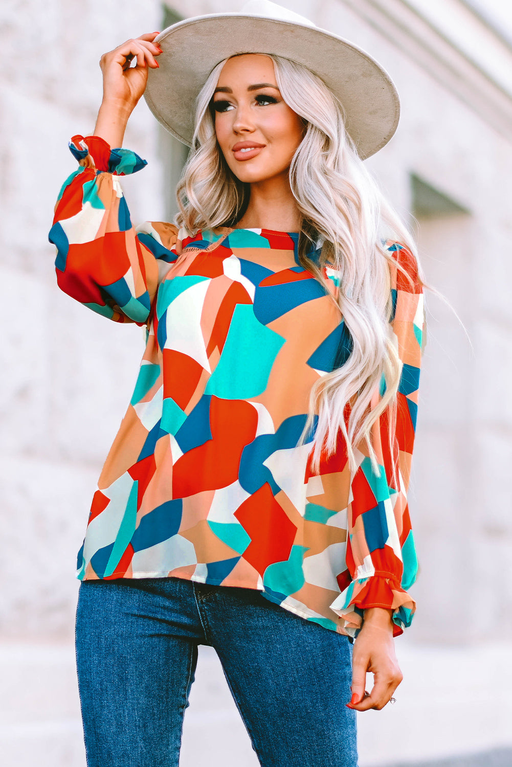 Multicolore Abstract Pattern Crewnack Clewle Sholeve Blouse