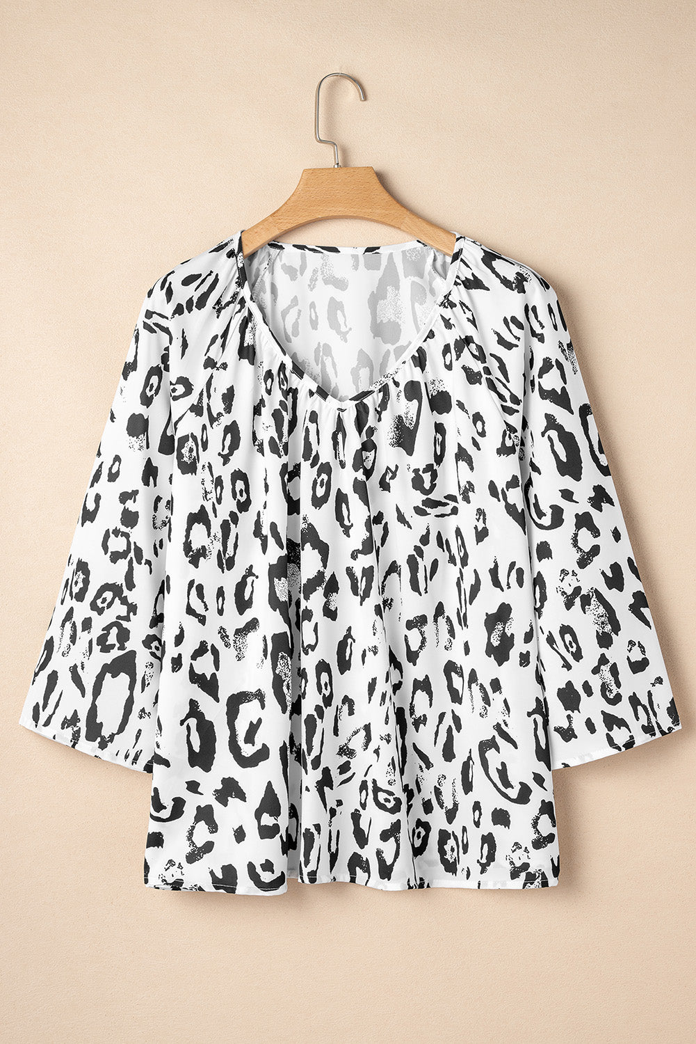 LEOPARD NEGRO Ruchado Ruchado V Cuella 3/4 Blusa de manga