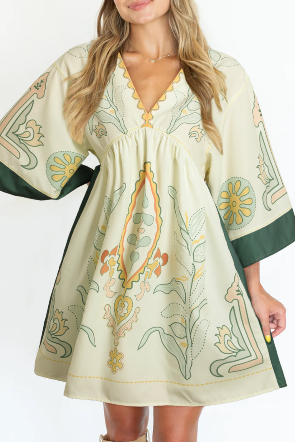 Multicolor Bohemian Print Short Kimono Dress V-Neck Empire Waist