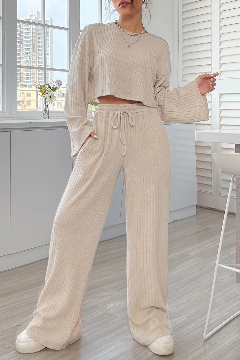 Khaki Ribbed Knit Bell Sleeve Crop Top and Drawstring Pants Set