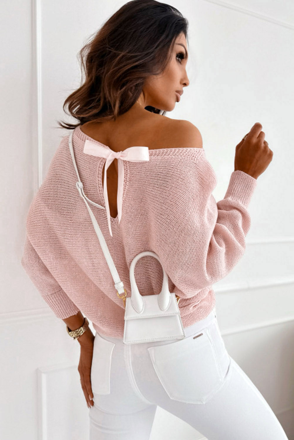 Dolman Sleeve Sweater with Pink Ribbon Bow Tie