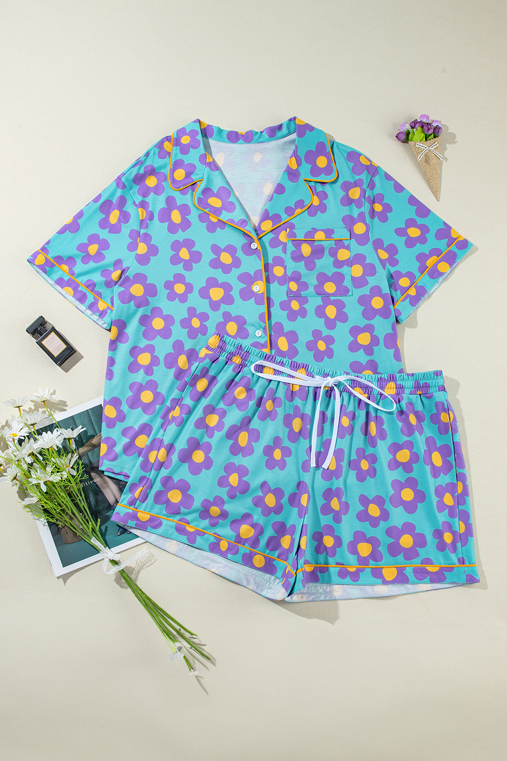 Sky Blue Cute Flower Stampa Contrasto Terssetto Plus Pj Pj Pj