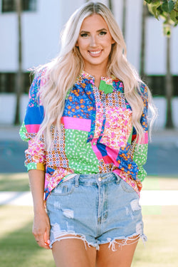 Multicolored floral print puffy sleeve shirt