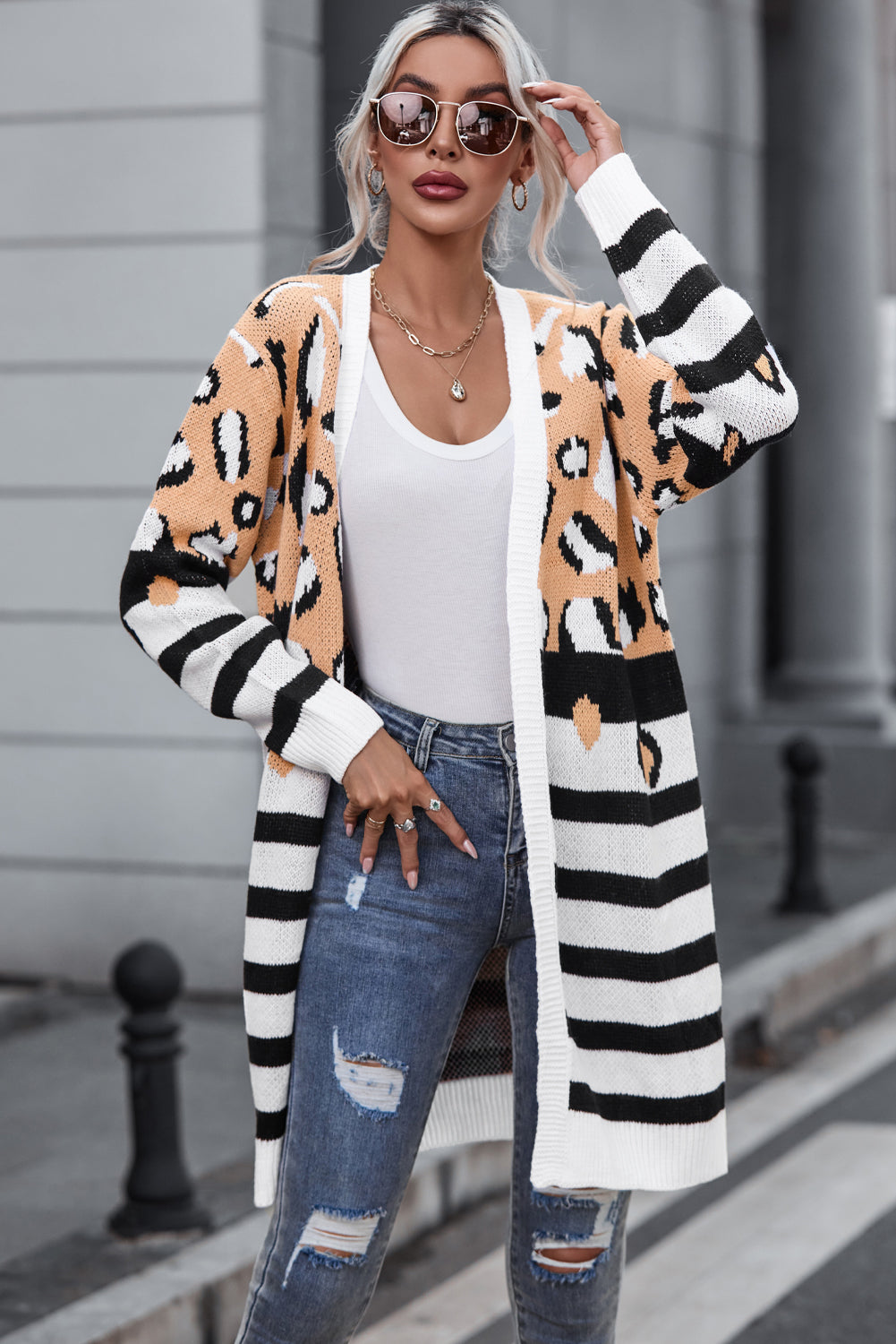 Cardigan frontale aperto a strisce leopardate marrone