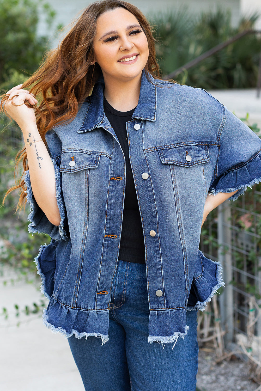 Plus Size Peacock Blue Frayed Short Sleeve Denim Jacket