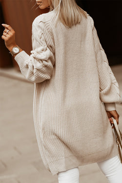 Long khaki open front cardigan with twisted sleeves