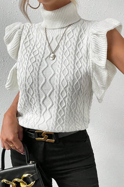 White ruffled sweater in twisted knitting with short sleeves and turtlenecks