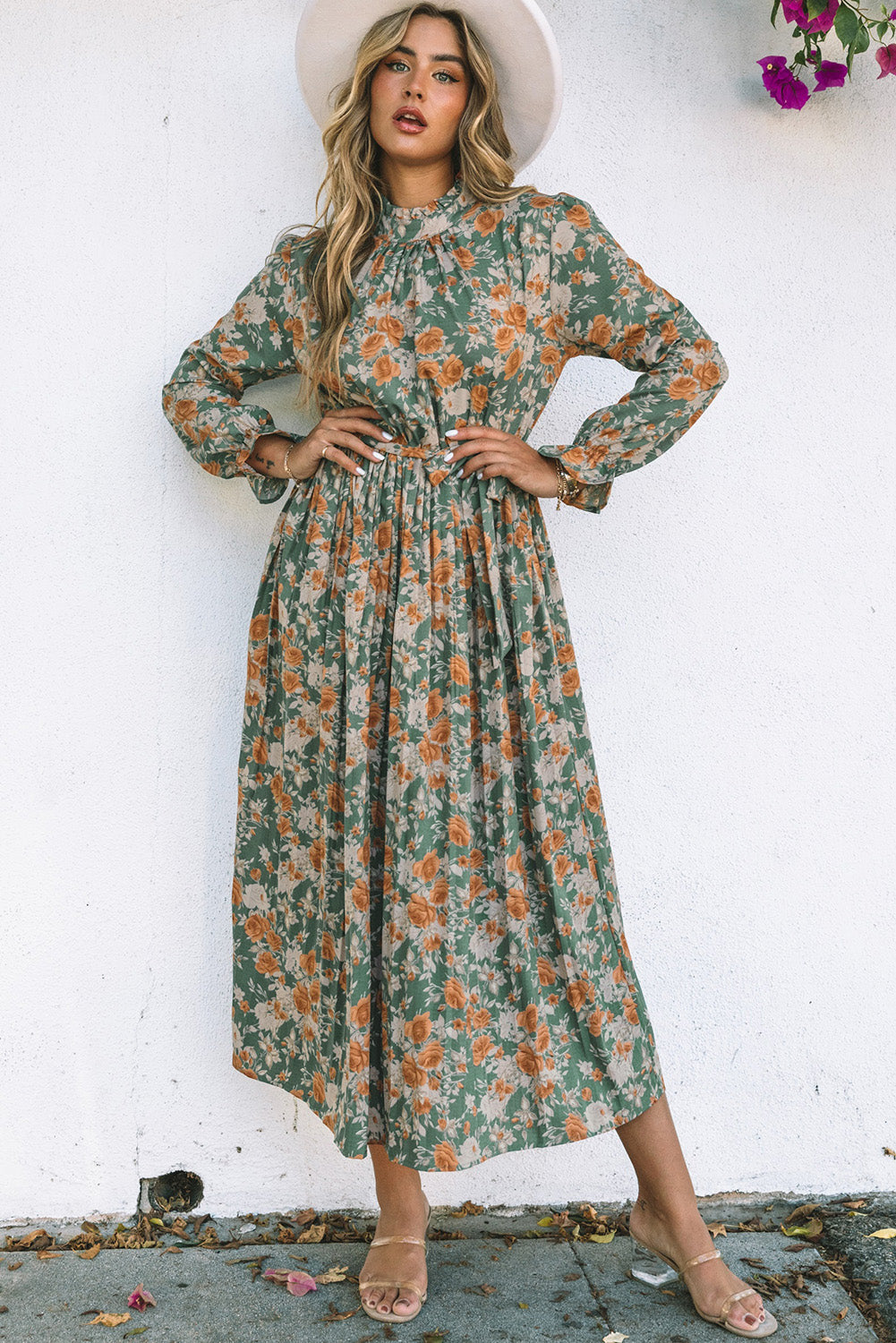 Green Pleated Floral Long Sleeve Maxi Dress with Tie