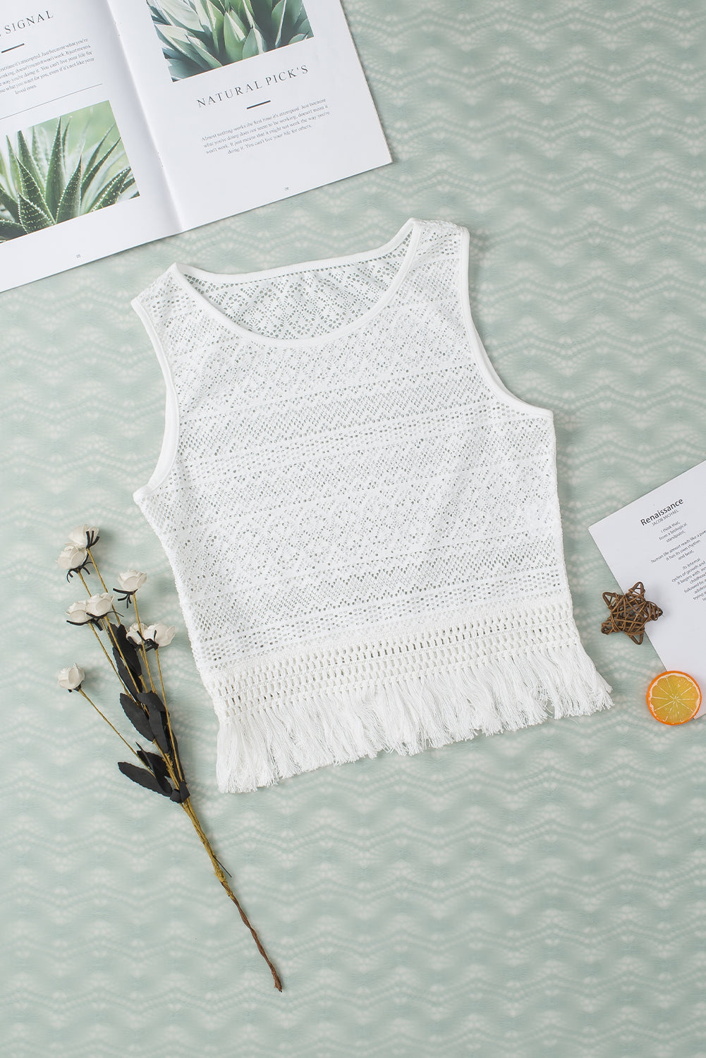 Débardeur à franges ajouré en dentelle blanche au crochet