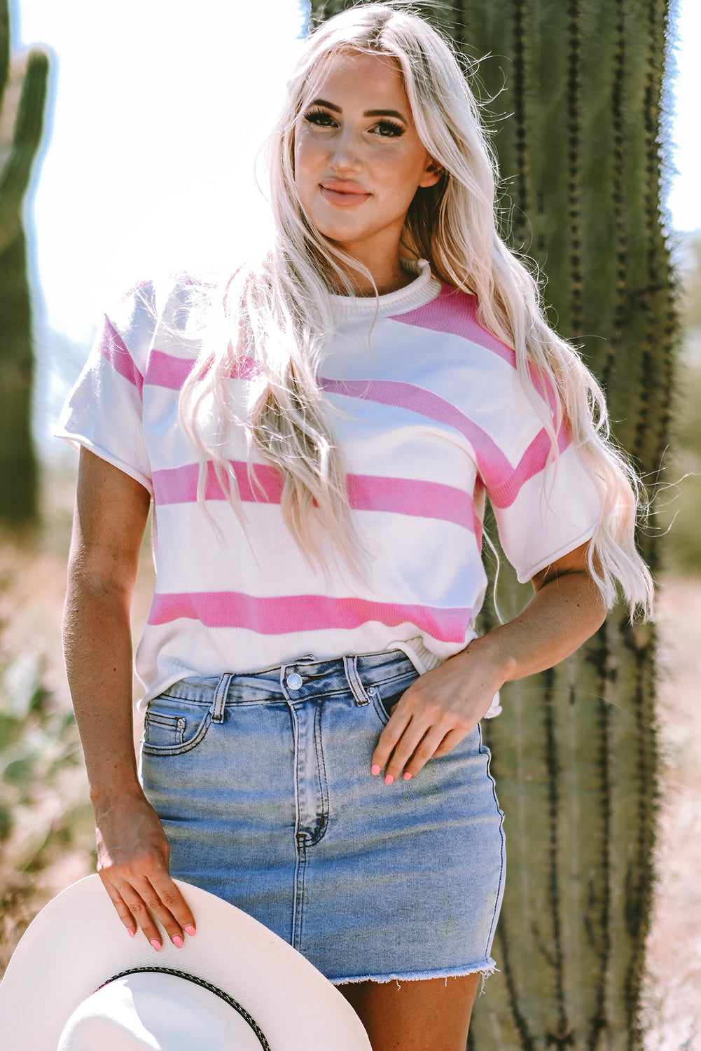 Pink Stripe Dropped Short Sleeve Lightweight Knitted Top