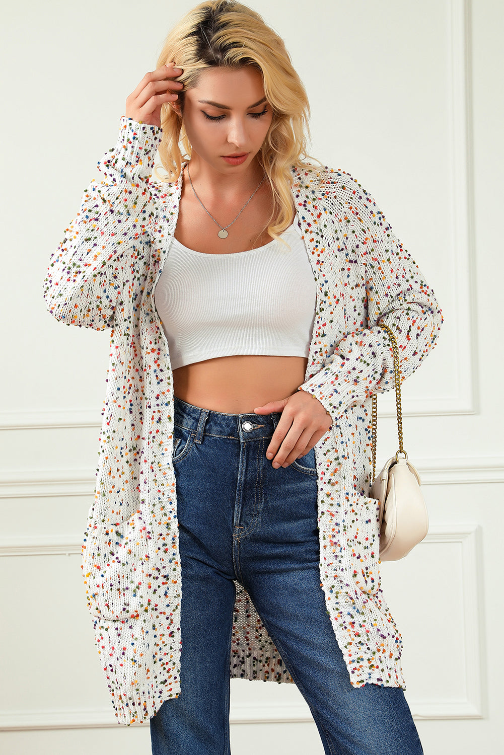 Cardigan ouvert sur le devant avec confettis pop-corn arc-en-ciel blanc