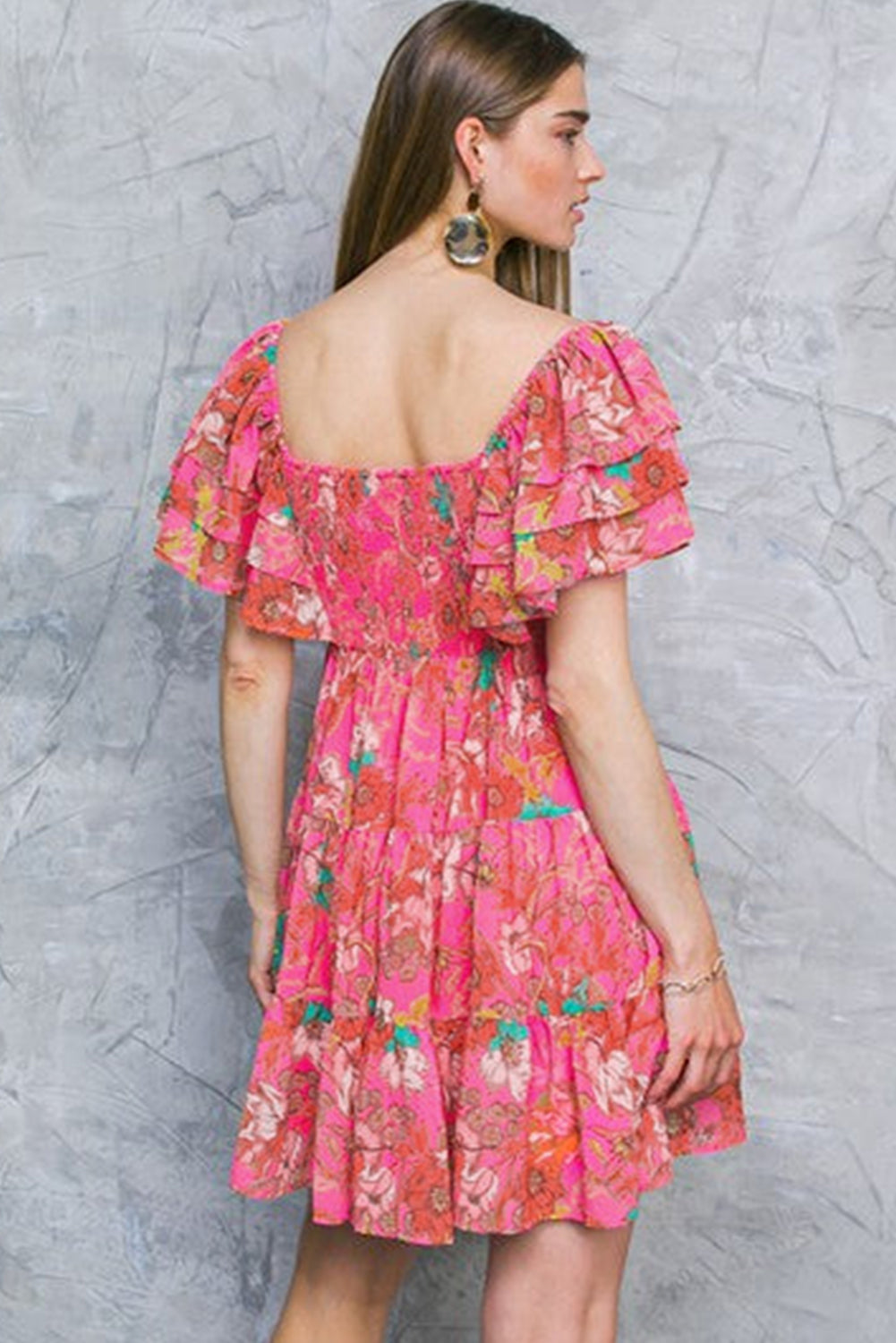 Pink Floral Square Neck Ruffle Sleeve Tiered Dress