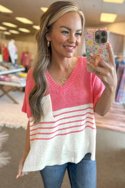 Strawberry Pink Contrast Striped Short Sleeve V-Neck Knitted Top