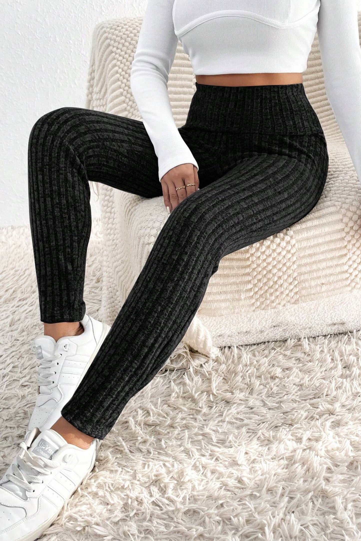 Black Wide Waist Ribbed Textured Knit Leggings