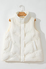 White quilted jacket with high collar and zipper