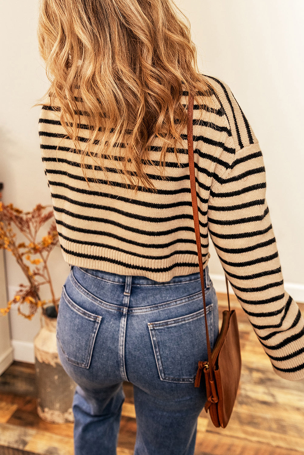 Light French Beige Striped Knit Crew Neck Drop Shoulder Cropped Sweater