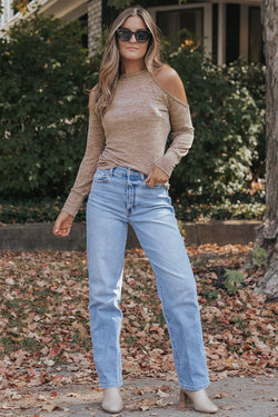 Marbled Knit Off Shoulder Long Sleeve Khaki Top