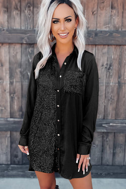 Black button-up shirt dress with sequins and pocket