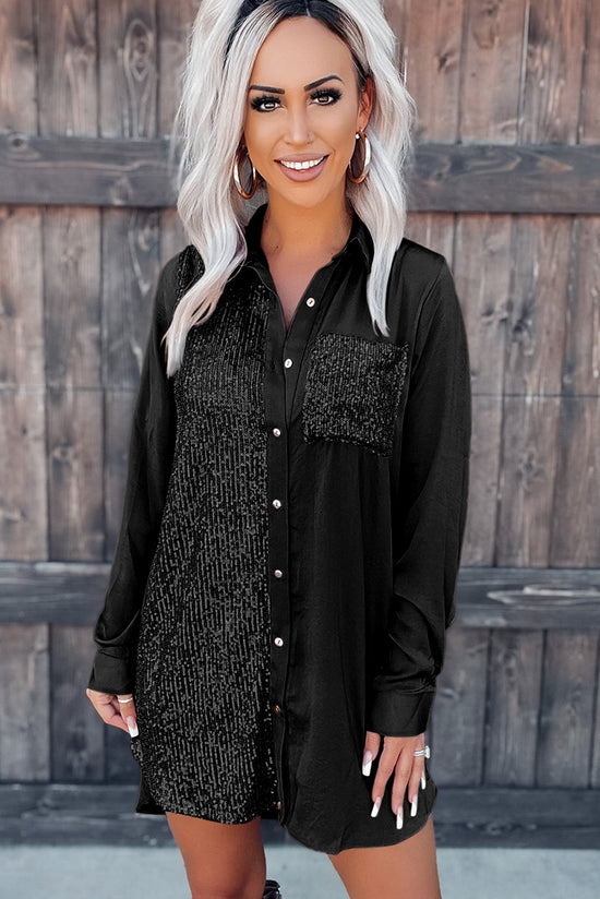 Black button-up shirt dress with sequins and pocket