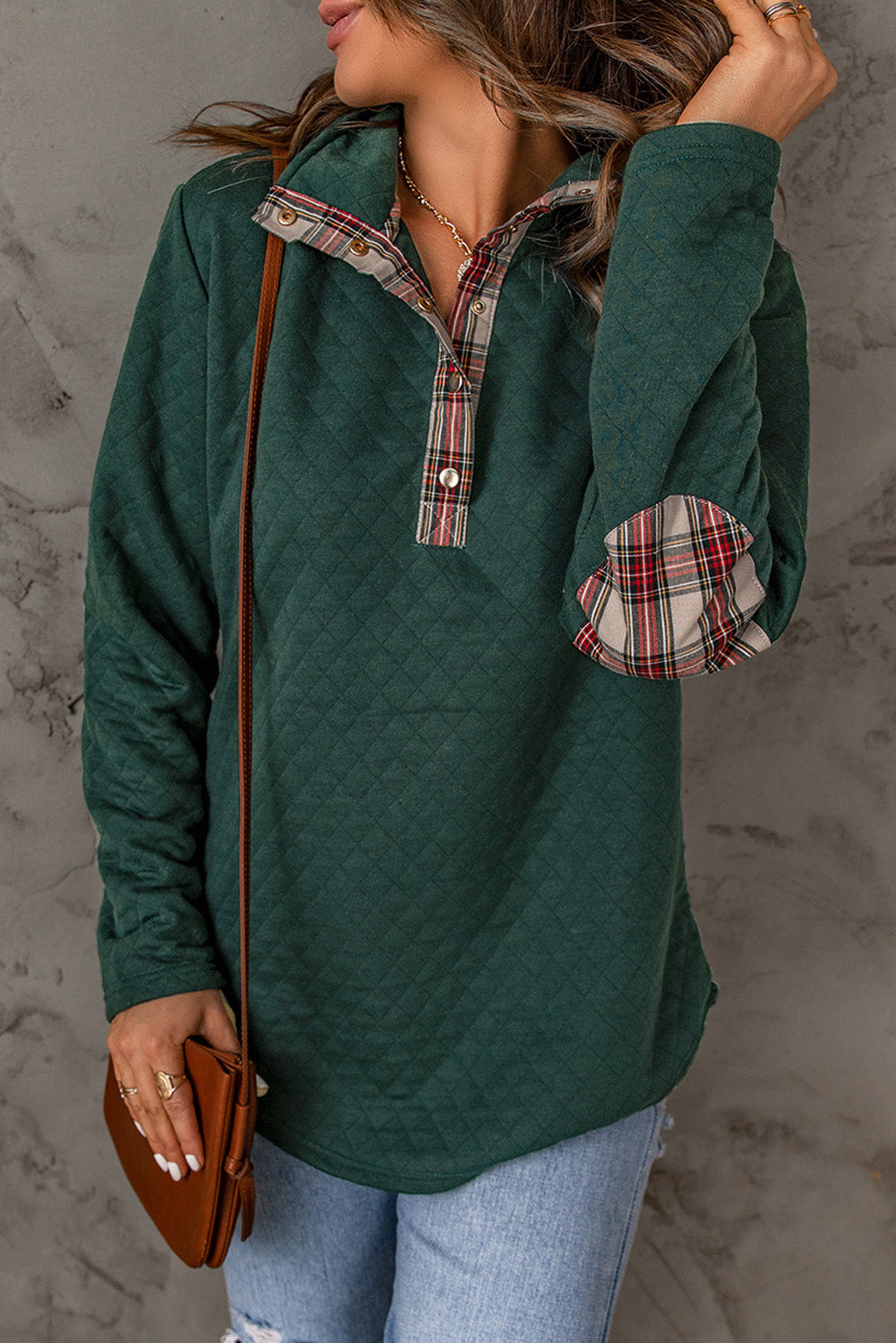 Sweat-shirt Green Geometric Texture Plaid Trim