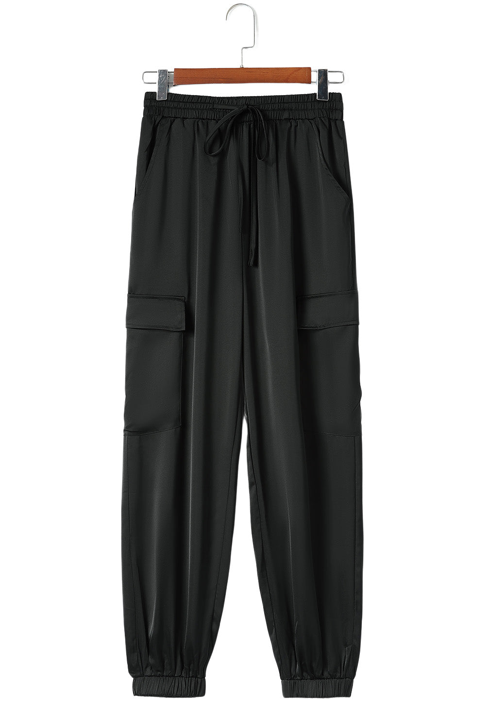 Pantalon noir en satin avec poches et cordon de serrage à taille élastique