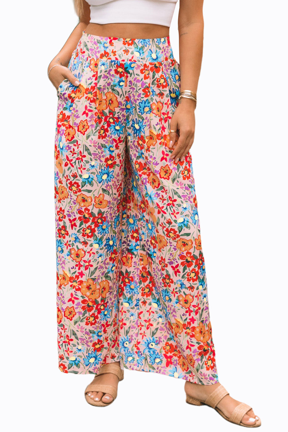 Multicolor Floral Print Pocketed Wide Leg Oversized Pants