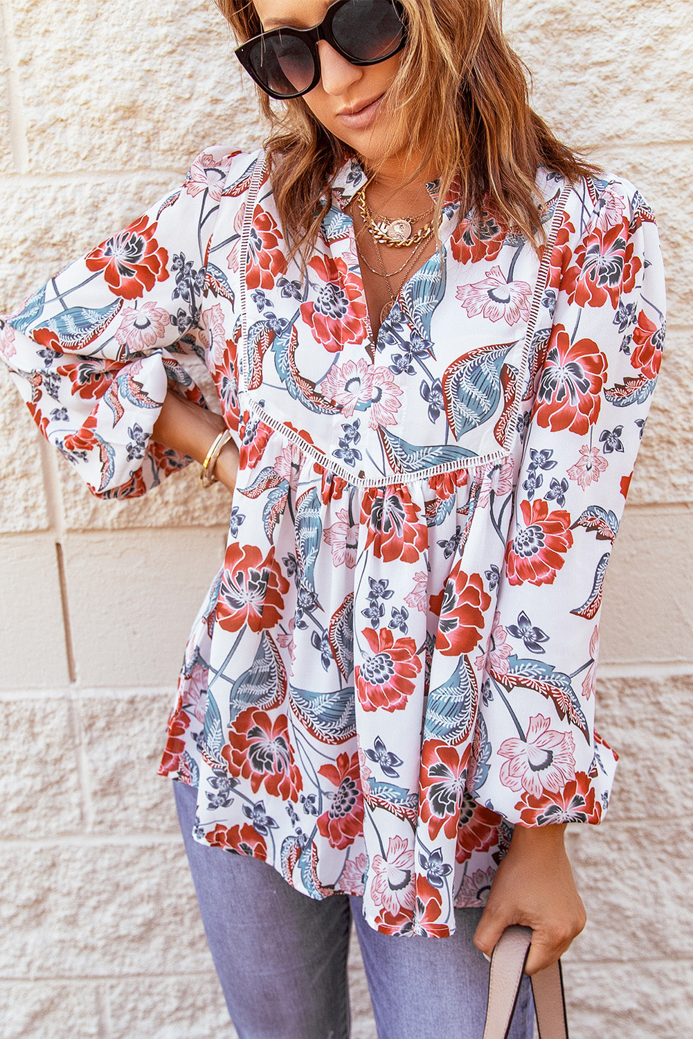 Fiery Red Split Neck Bubble Sleeve Floral Patchwork Blouse