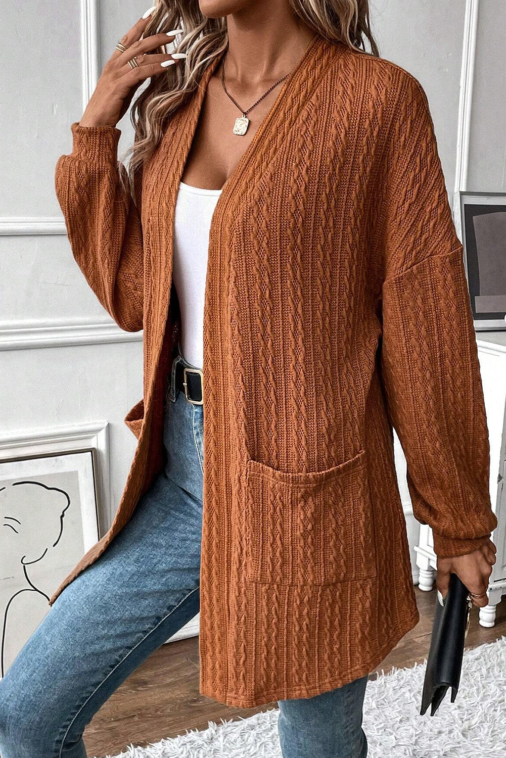 Chestnut Textured Knit Open Front Cardigan with Side Pockets