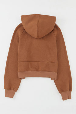 Brown hoodie with kangaroo pocket and quarter-turn zip