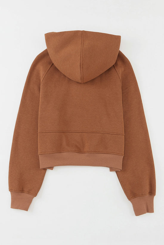 Brown hoodie with kangaroo pocket and quarter-turn zip