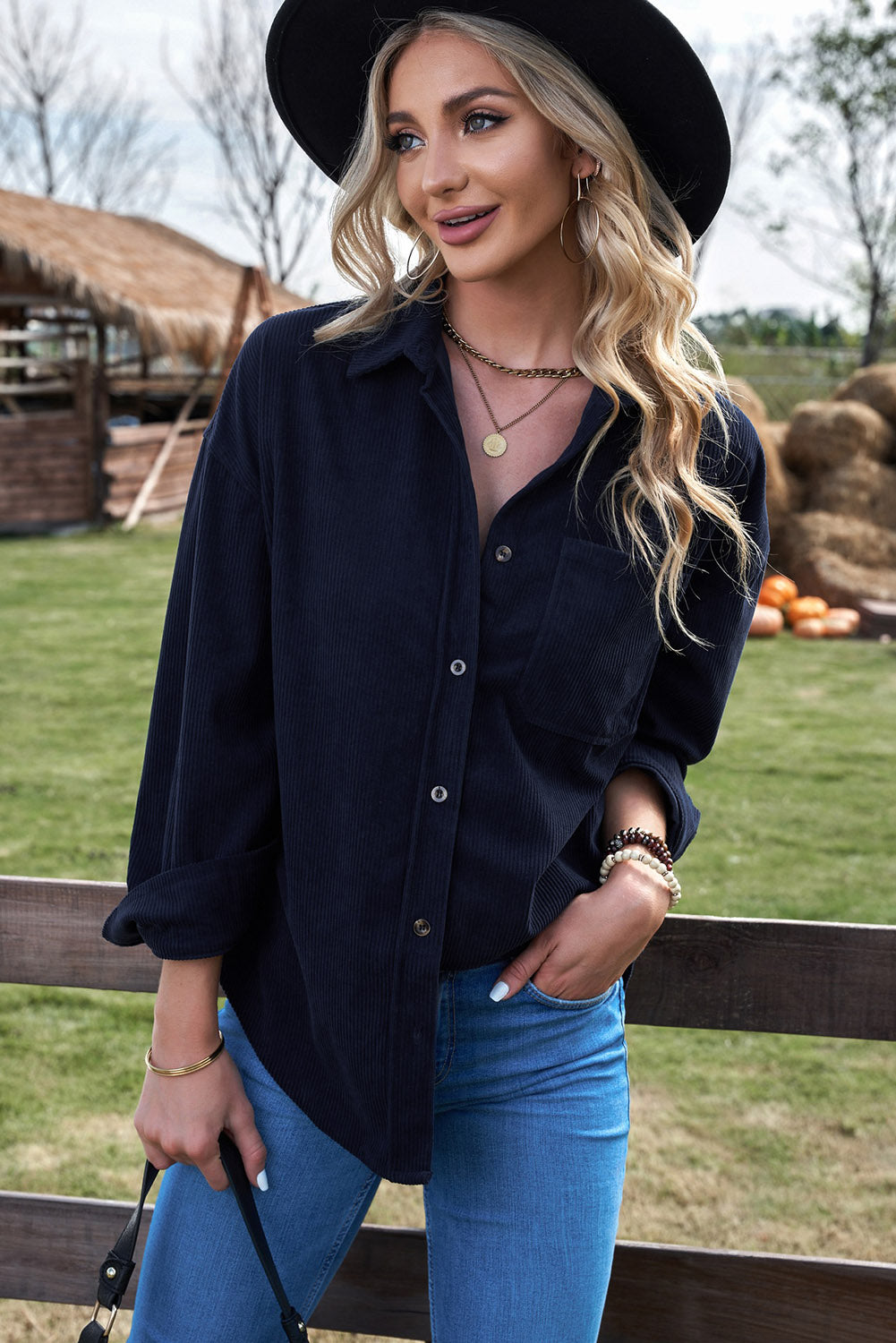 Dark Blue Corduroy Button Pocket Shirt