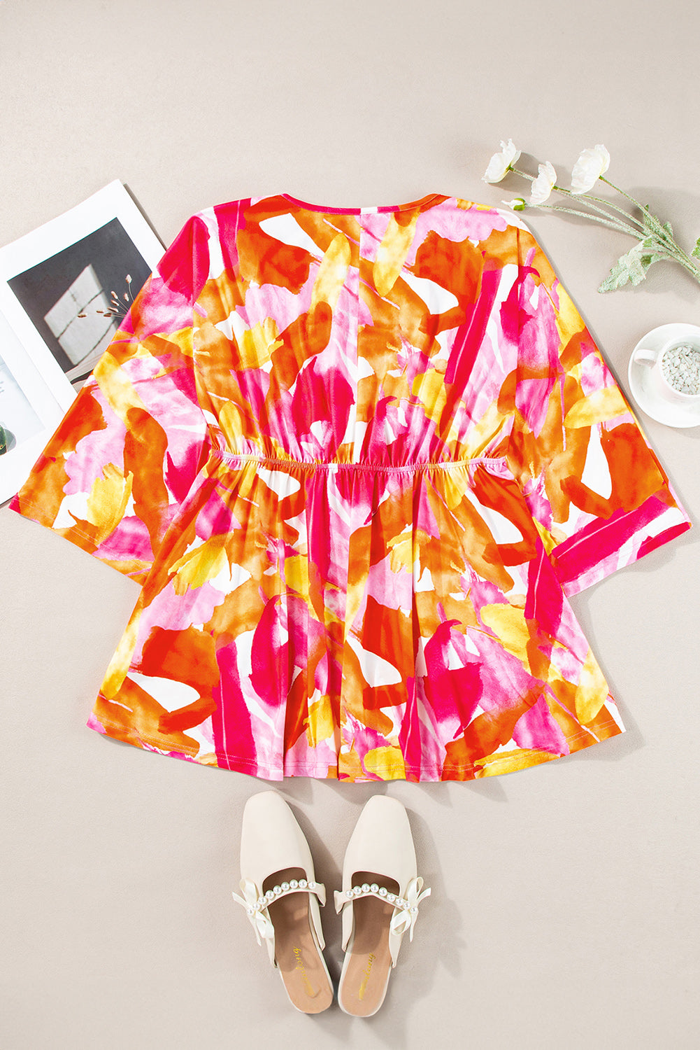 Orange Abstract Print 3/4 Hülse gegen Nacken gekräuselte Babydoll Bluse