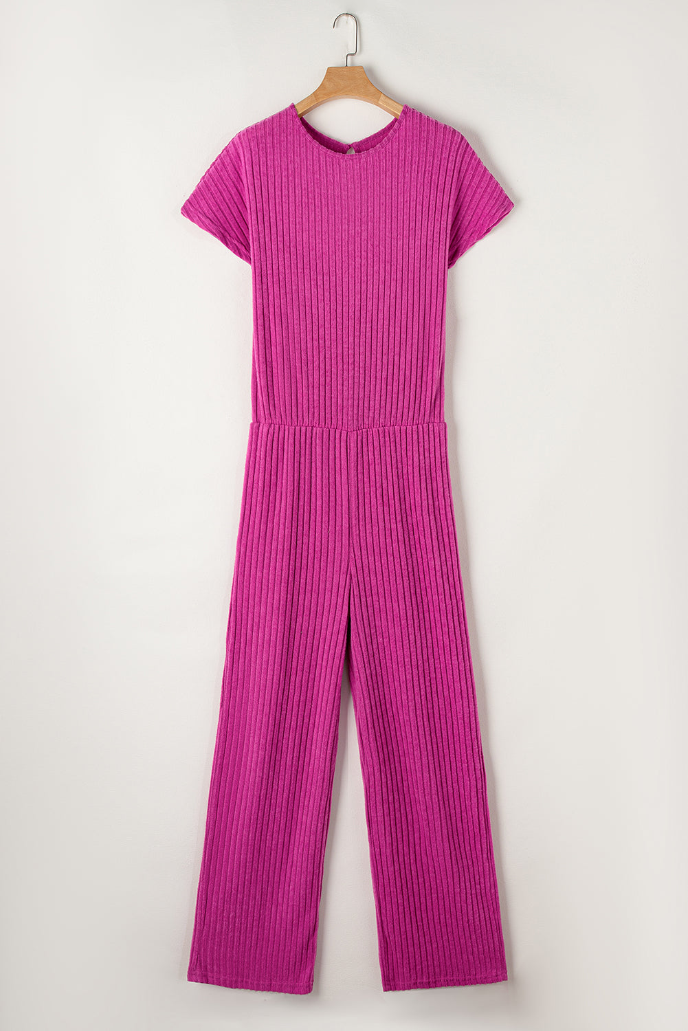 Rose Red Festkurzfarbe, gerippter kurzärmeles Weitbein -Jumpsuit