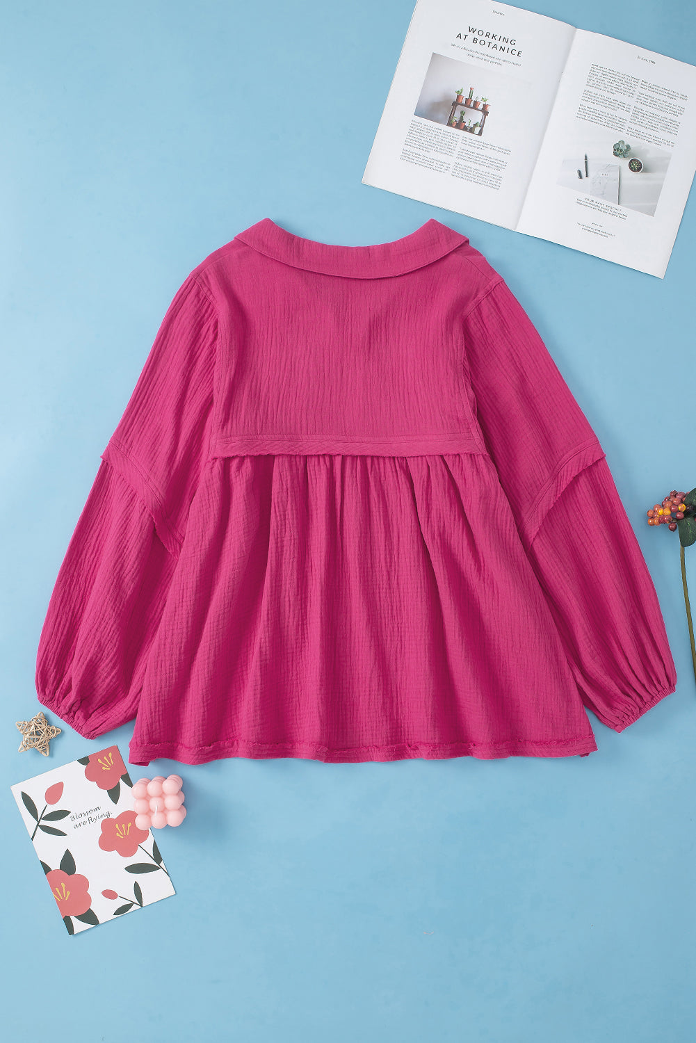 Rose Crinkle Collared V-Neck Bubble Sleeve Flowy Blouse