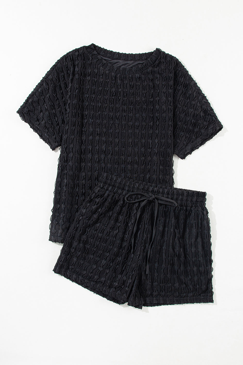 Black Textured Short Sleeve Top and Drawstring Shorts Set