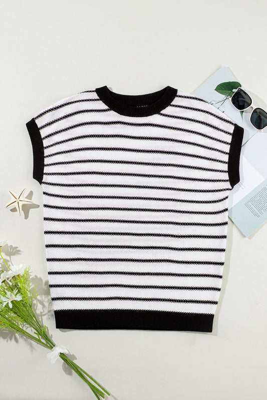 Black Stripe Loose Knit Short Sleeve Sweater