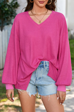 Large wandering blouse bright pink, V -neck, long sleeves, drooping shoulders