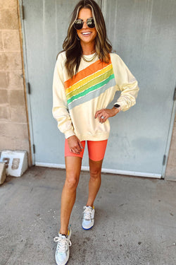 Apricot Rainbow Color Block Striped Sweatshirt