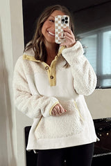 Sudadera de cuello bittle y bolsillo de vellón beige con borde de bloque de color
