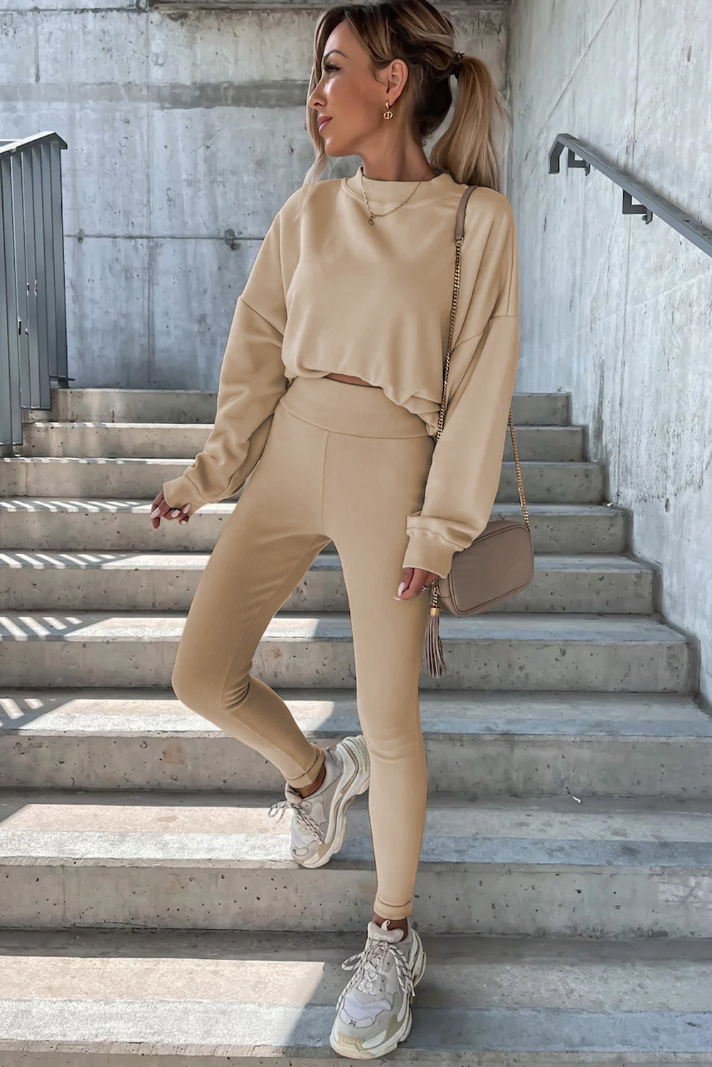 BEIGE Solid Seltshirt e leggings Set da due pezzi