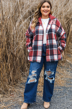 Plus Size Red Plaid Printed Buttoned Hooded Jacket