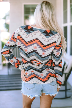 Multicolor Aztec Print Long Sleeve V-Neck Top